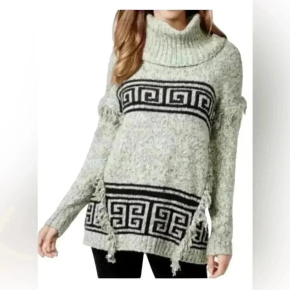 Kensie Boho Fringe Knit Cowl Neck Oversized Soft Comfy Chunky Cream Sweater M